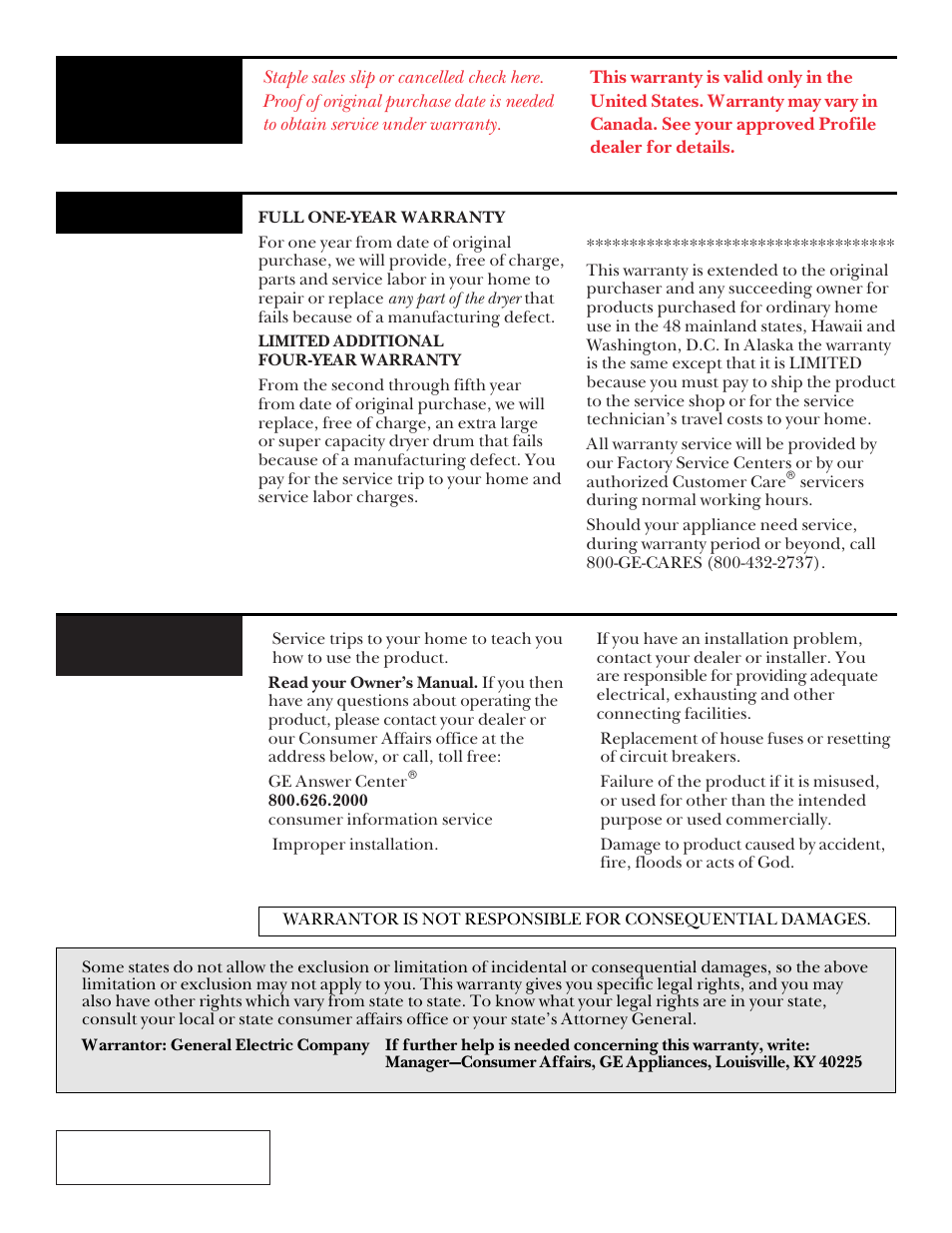 Warranty, back cover, Dryer warranty, What is covered | What is not covered | GE UPSQ495ET User Manual | Page 74 / 74
