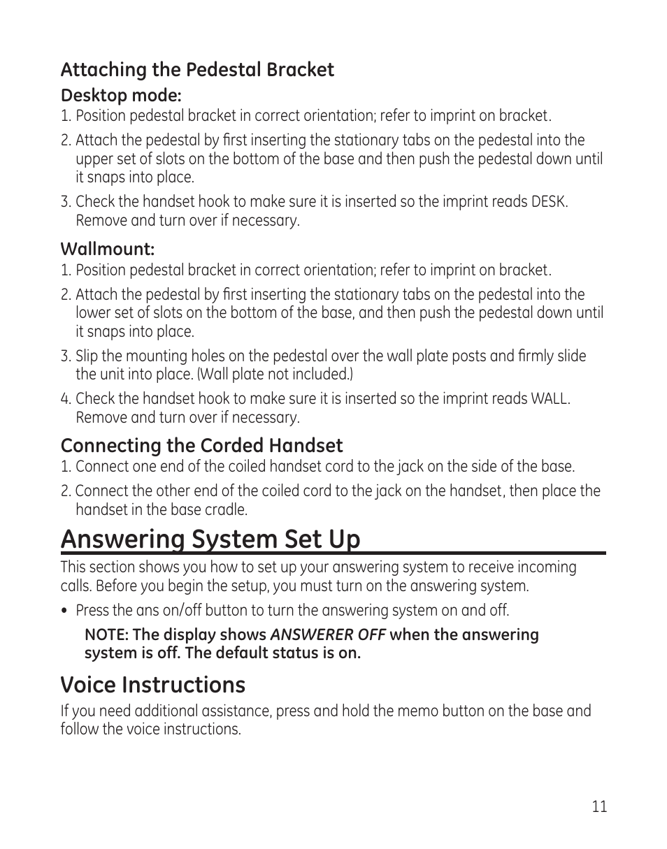 Answering system set up, Voice instructions | GE 25982xx3 User Manual | Page 11 / 48