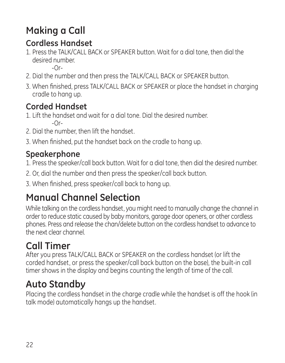 Making a call, Manual channel selection, Call timer | Auto standby | GE 25982xx3 User Manual | Page 22 / 48