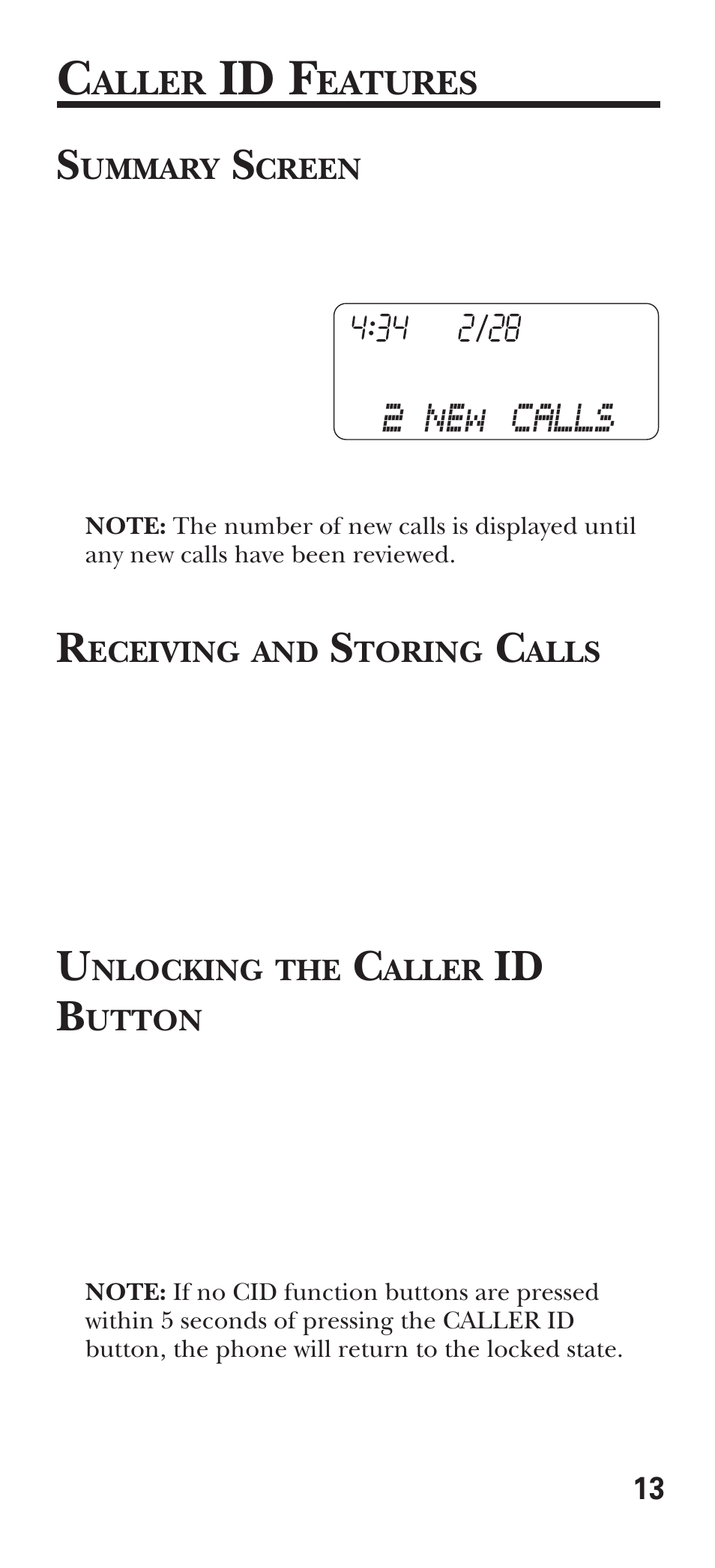 Caller id features, Summary screen, Receiving and storing calls | Unlocking the caller id button, Id f, Id b | GE 15381860 User Manual | Page 13 / 24