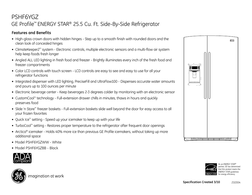 Pshf6ygz, Ge profile, Energy star | 5 cu. ft. side-by-side refrigerator | GE Energy Star PSHF6YGZ User Manual | Page 2 / 2
