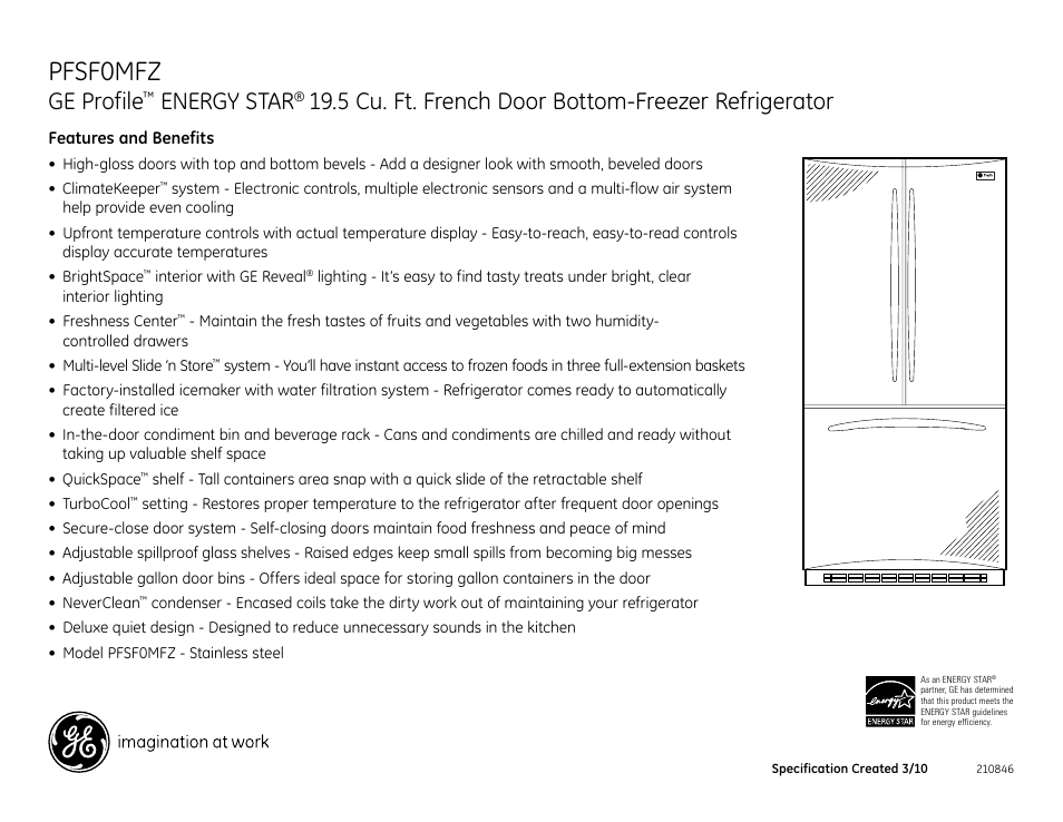 Pfsf0mfz, Ge profile, Energy star | 5 cu. ft. french door bottom-freezer refrigerator | GE Energy Star PFSF0MFZ User Manual | Page 2 / 2