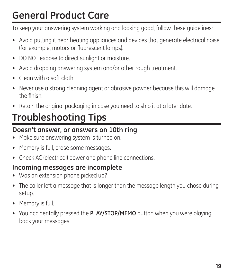 General product care, Troubleshooting tips | GE 00003287 User Manual | Page 19 / 52