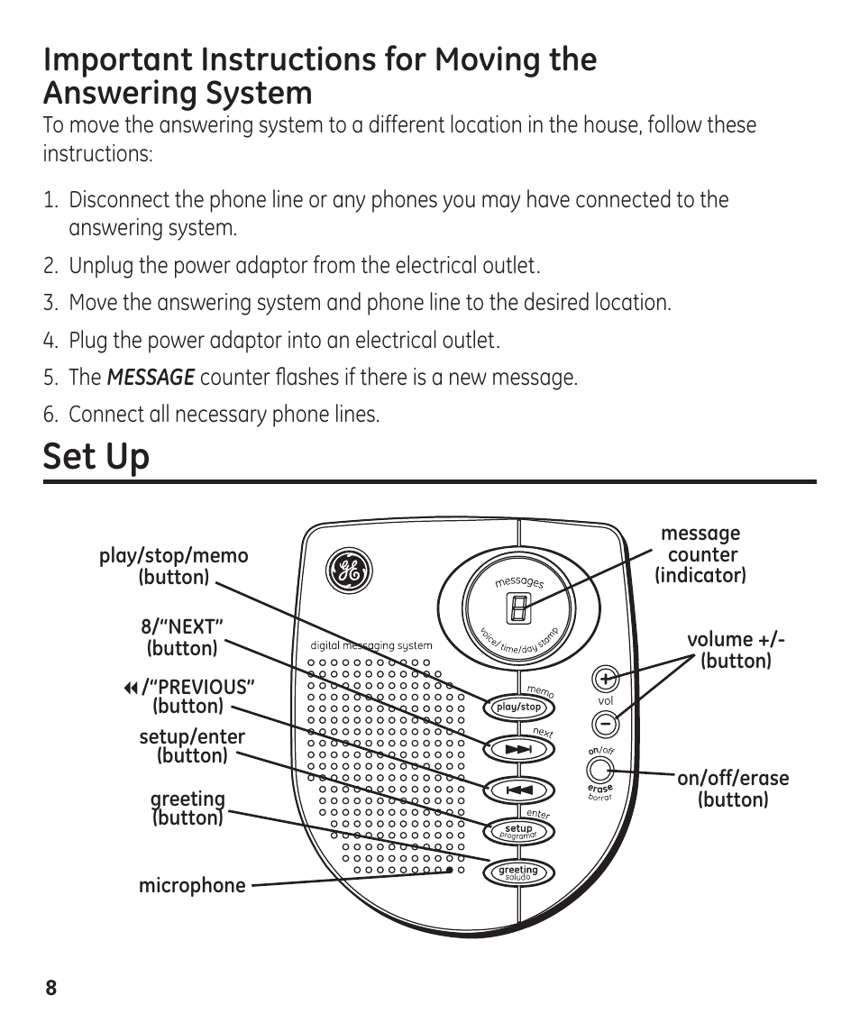 Set up | GE 00003287 User Manual | Page 8 / 52