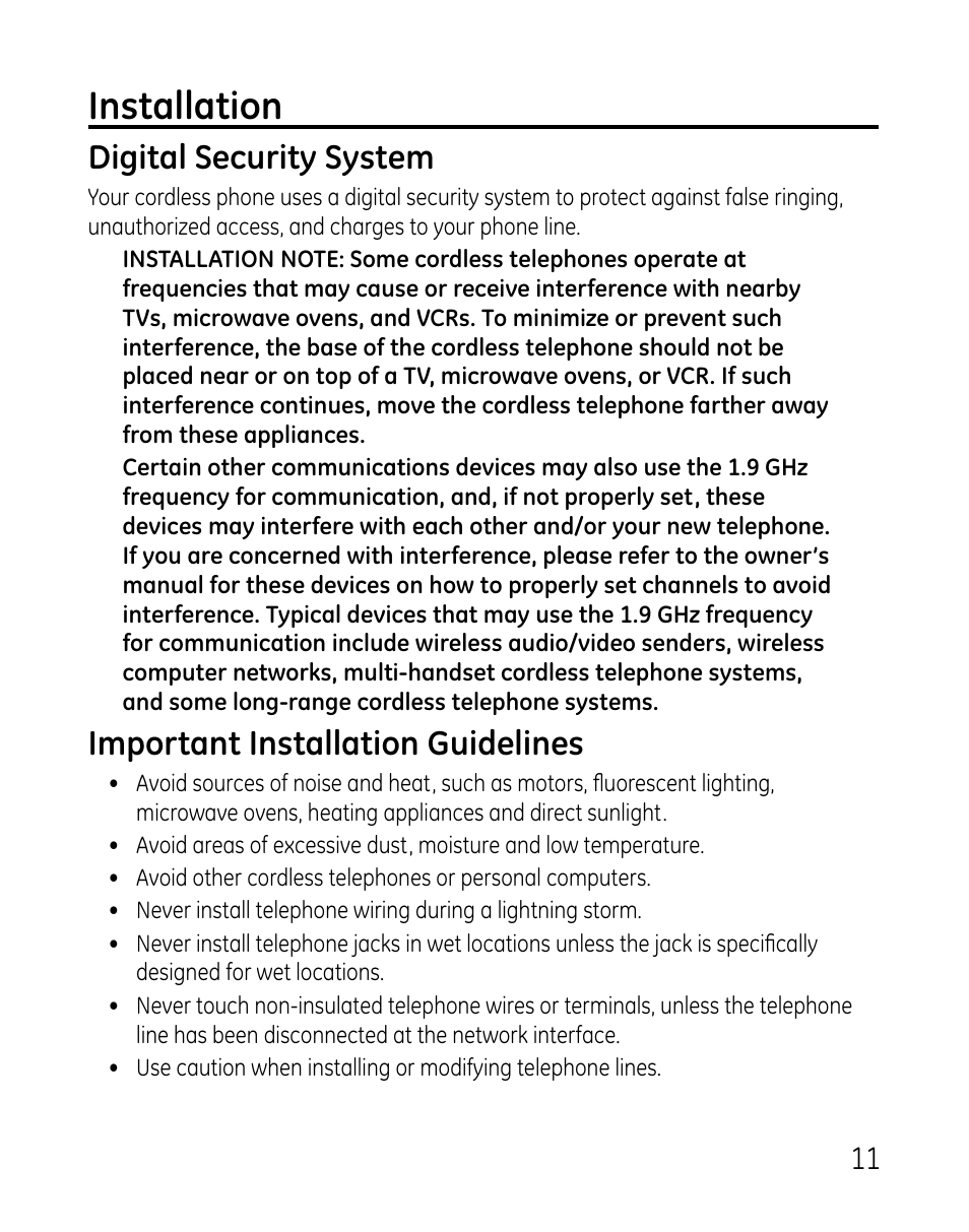 Installation, Digital security system, Important installation guidelines | GE 0007 User Manual | Page 11 / 68