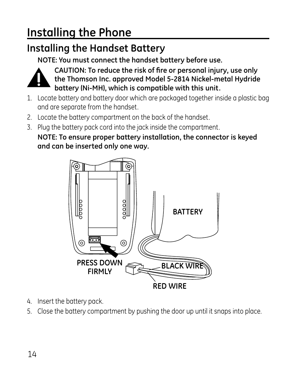 Installing the phone, Installing the handset battery | GE 0007 User Manual | Page 14 / 68