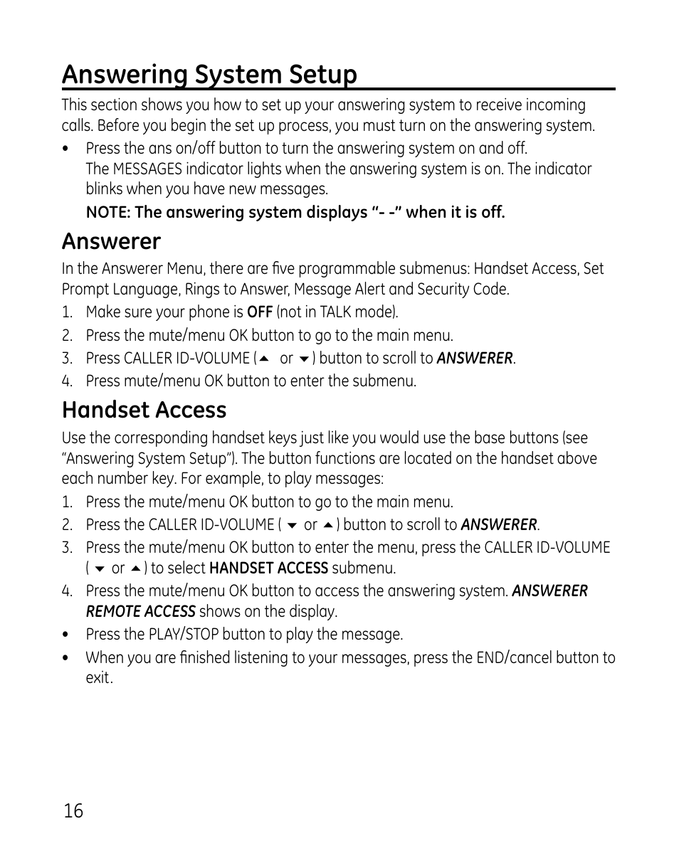 Answering system setup, Answerer, Handset access | GE 0007 User Manual | Page 16 / 68