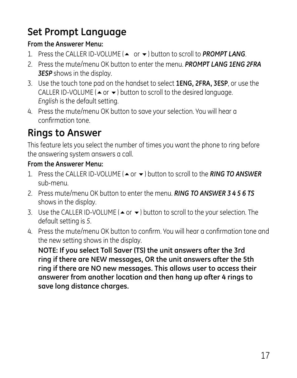 Set prompt language, Rings to answer | GE 0007 User Manual | Page 17 / 68