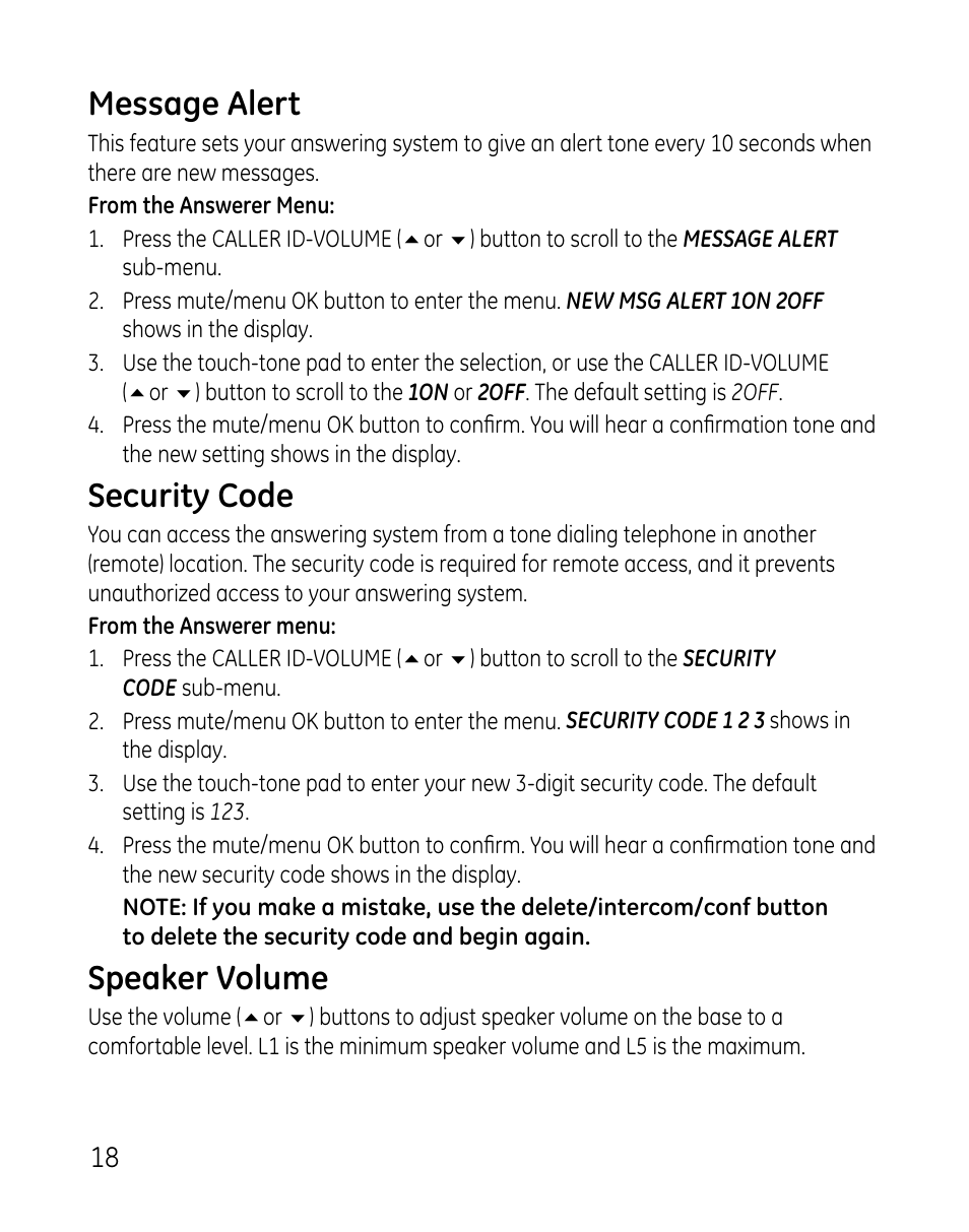 Message alert, Security code, Speaker volume | GE 0007 User Manual | Page 18 / 68