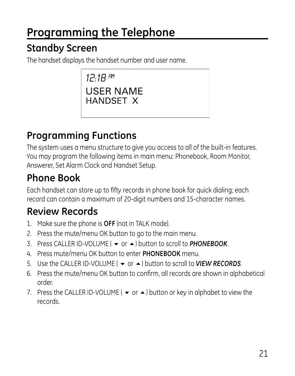 Programming the telephone, Standby screen, Programming functions | Phone book, Review records | GE 0007 User Manual | Page 21 / 68