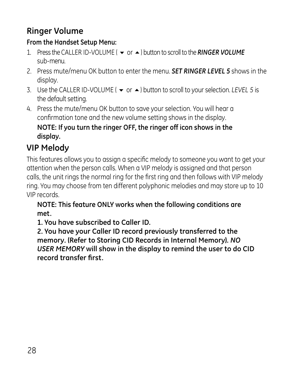 8 ringer volume, Vip melody | GE 0007 User Manual | Page 28 / 68