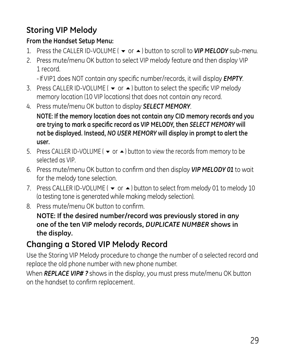 Storing vip melody, Changing a stored vip melody record | GE 0007 User Manual | Page 29 / 68