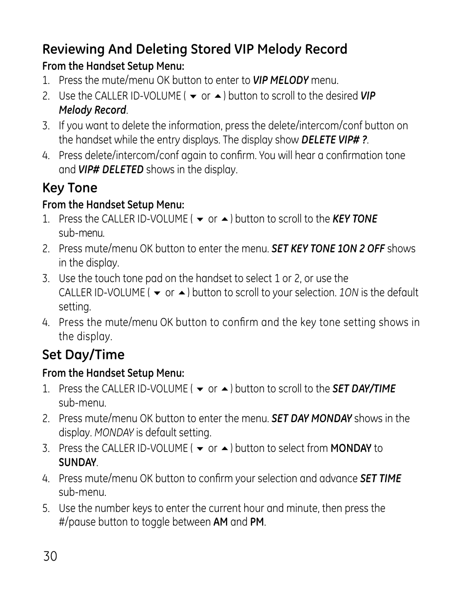 0 reviewing and deleting stored vip melody record, Key tone, Set day/time | GE 0007 User Manual | Page 30 / 68