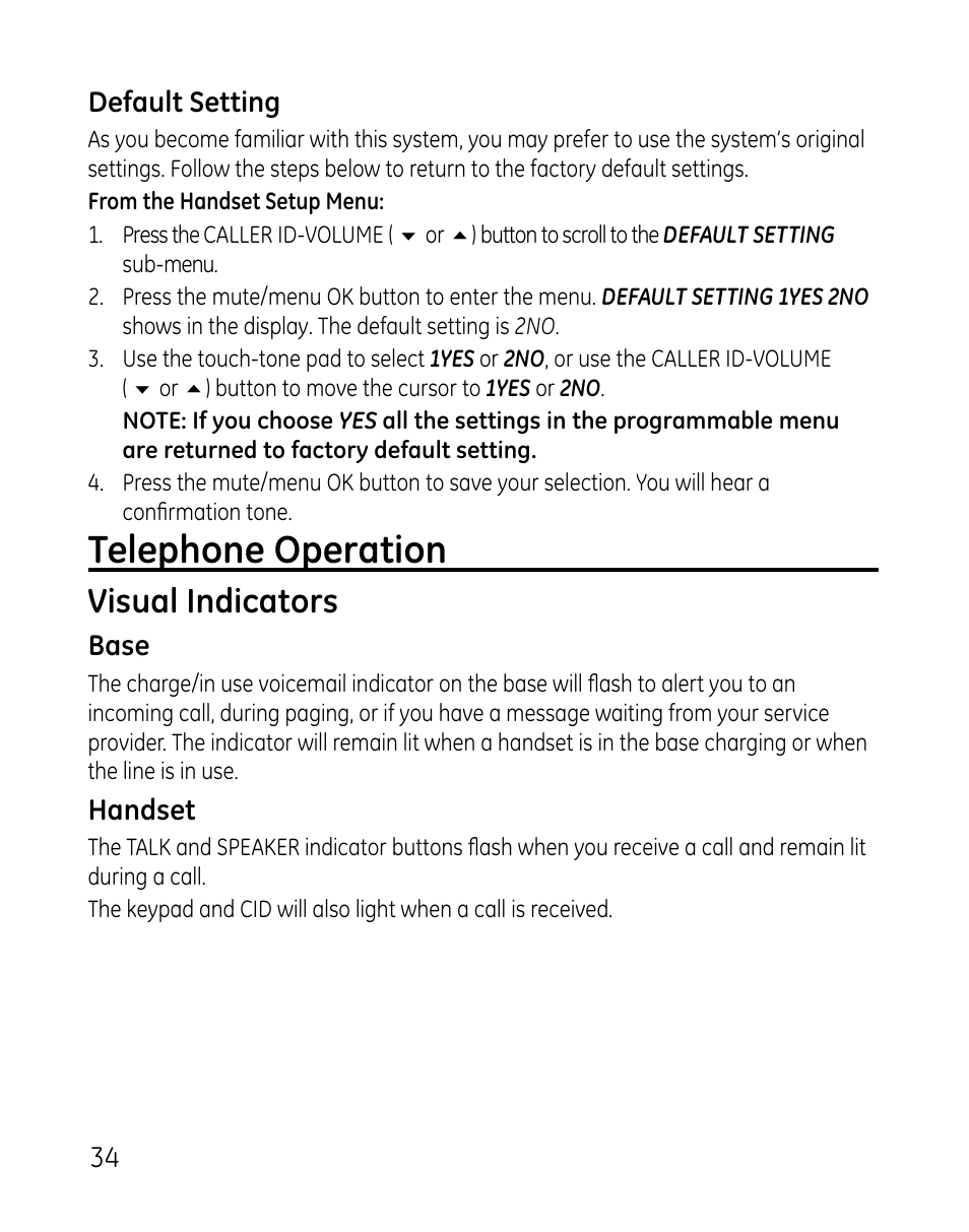 Telephone operation, Visual indicators | GE 0007 User Manual | Page 34 / 68