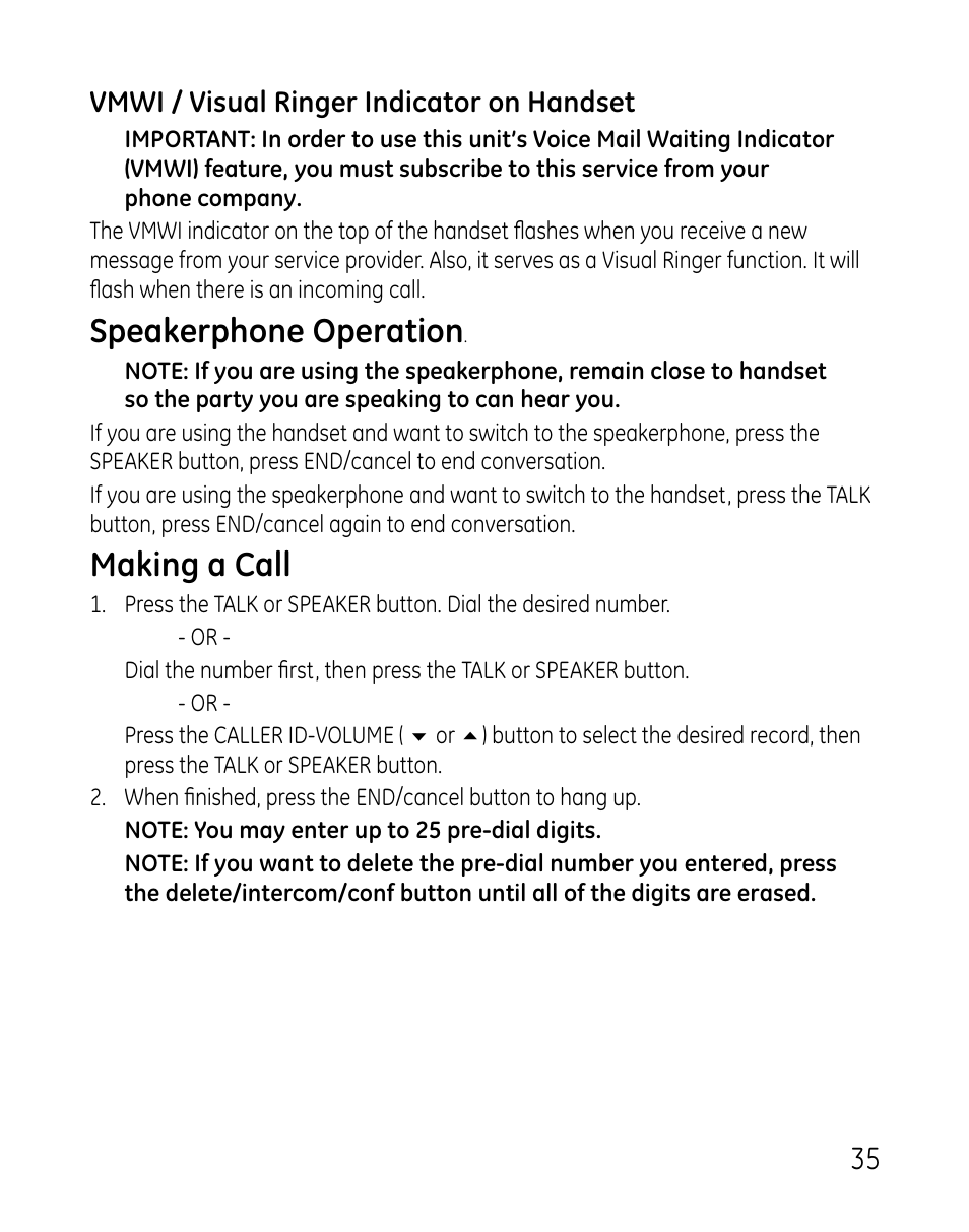 Speakerphone operation, Making a call | GE 0007 User Manual | Page 35 / 68