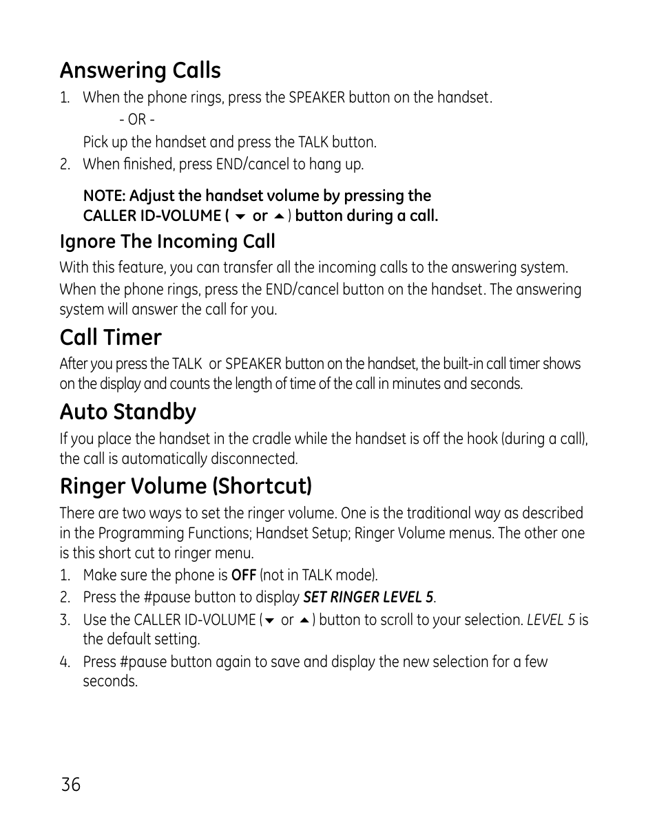 Answering calls, Call timer, Auto standby | Ringer volume (shortcut) | GE 0007 User Manual | Page 36 / 68