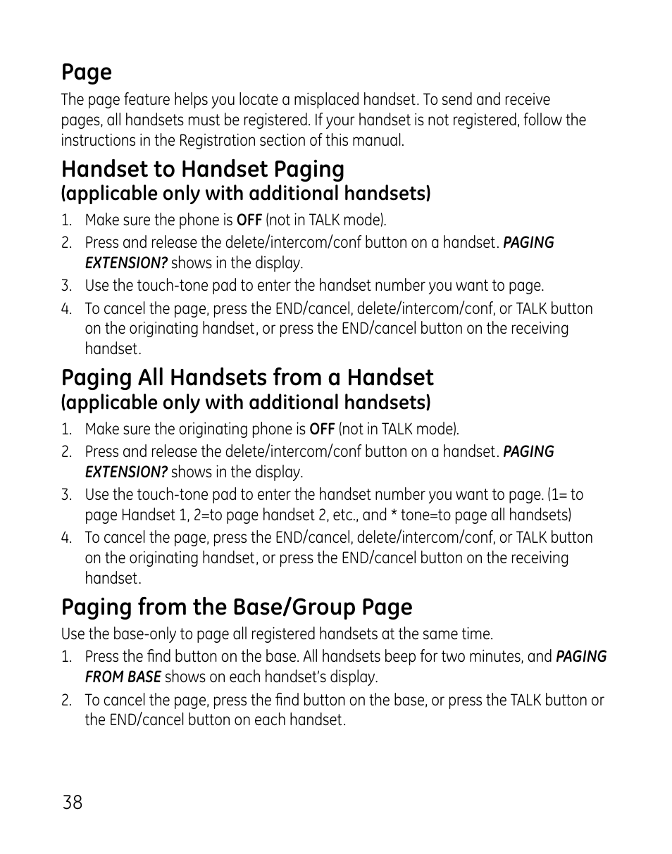 Page, Handset to handset paging, Paging all handsets from a handset | Paging from the base/group page | GE 0007 User Manual | Page 38 / 68