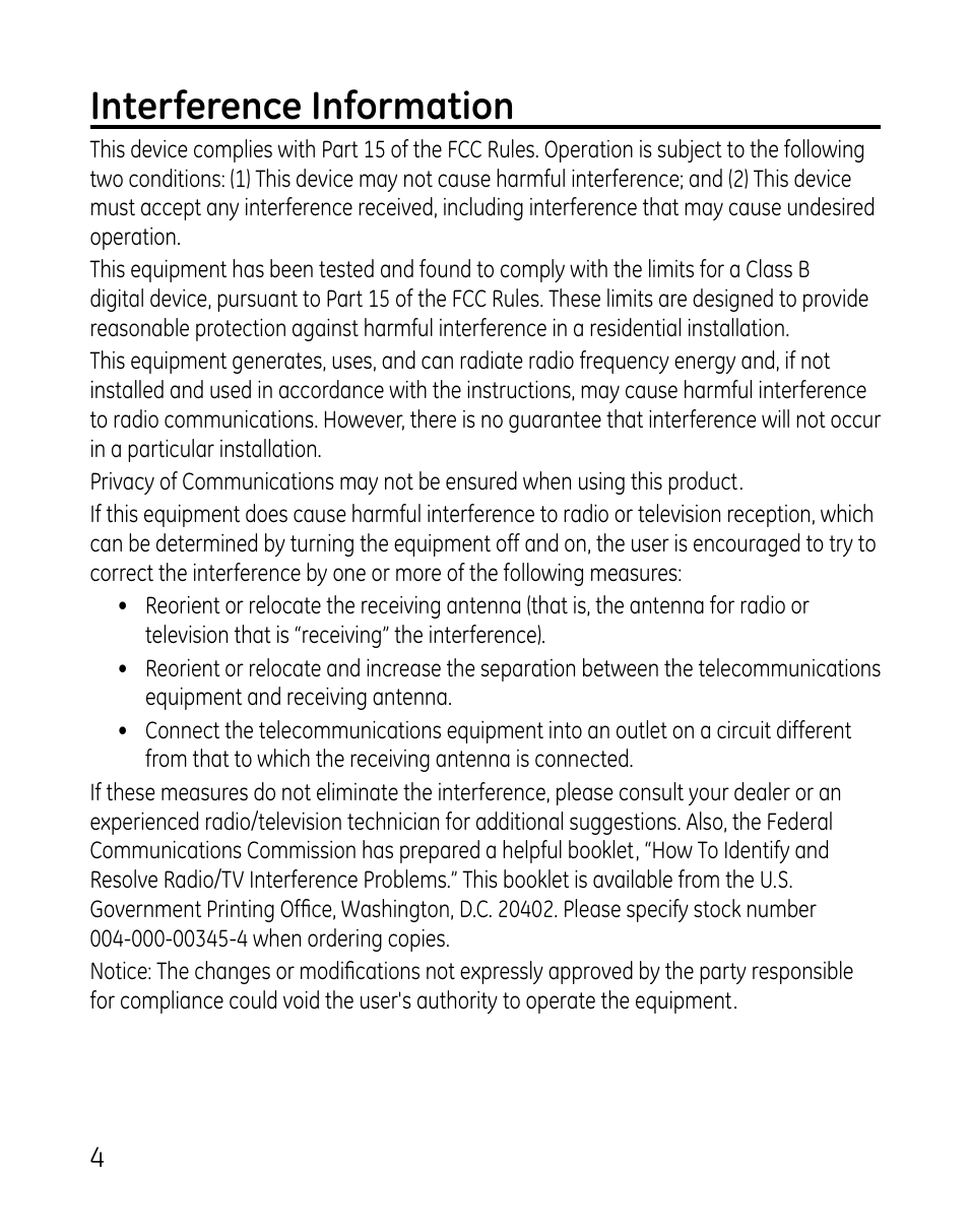 Interference information | GE 0007 User Manual | Page 4 / 68