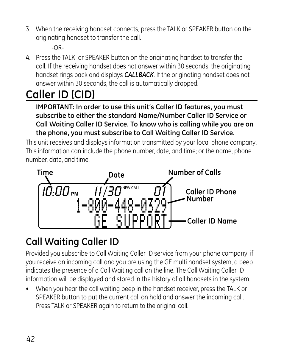 Caller id (cid), Call waiting caller id | GE 0007 User Manual | Page 42 / 68