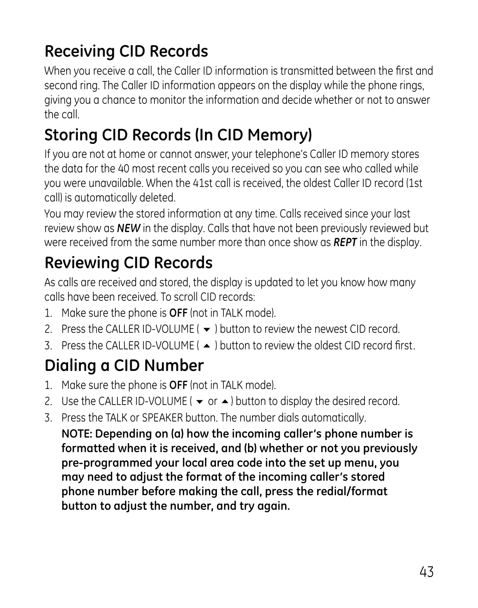 Receiving cid records, Reviewing cid records, Dialing a cid number | GE 0007 User Manual | Page 43 / 68