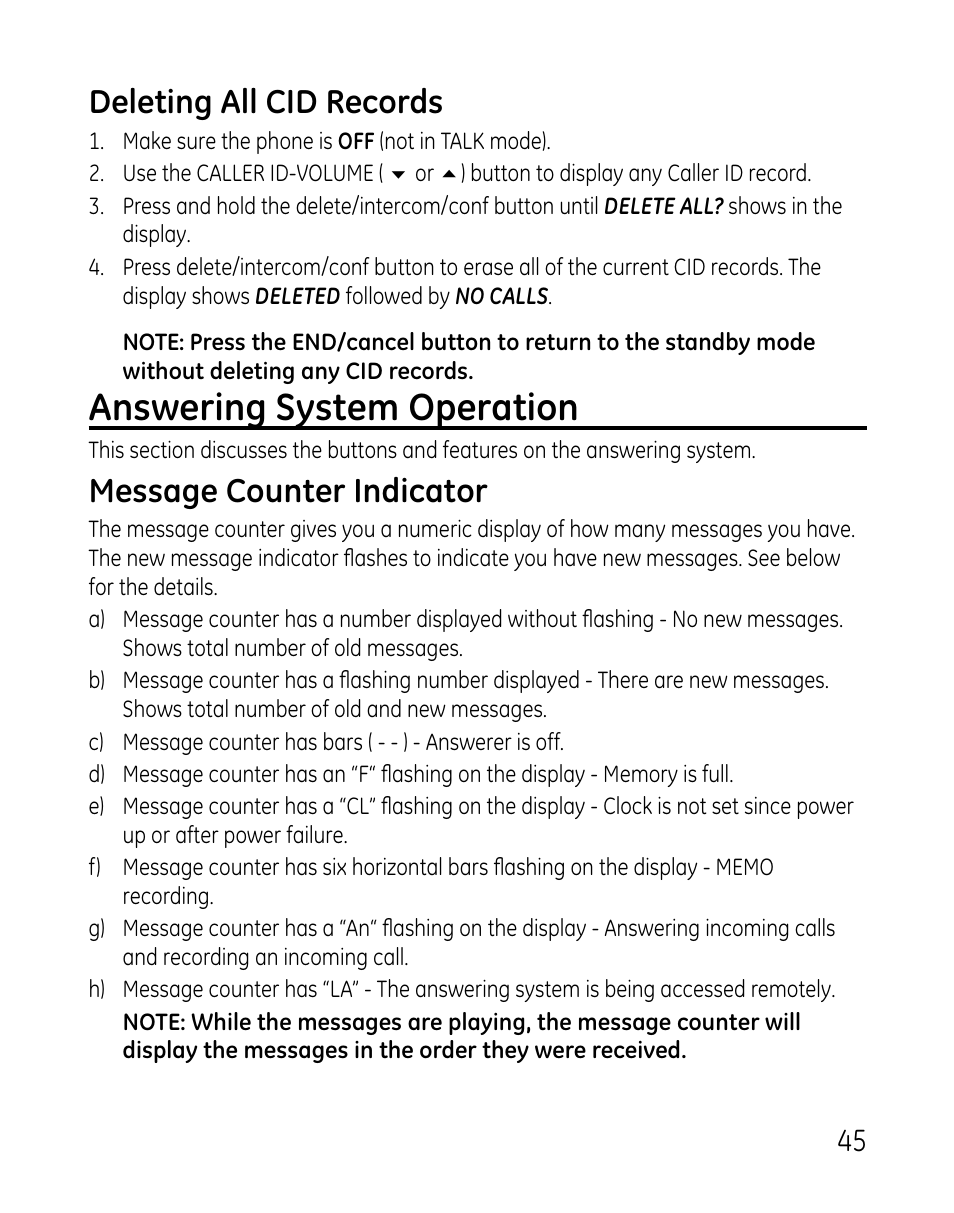 Answering system operation, Deleting all cid records, Message counter indicator | GE 0007 User Manual | Page 45 / 68