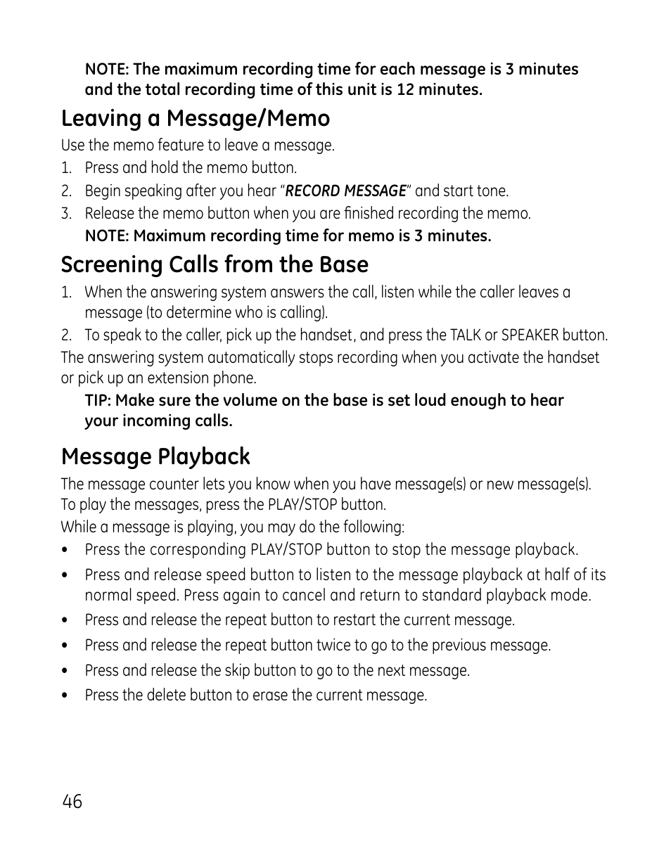 Screening calls from the base, Message playback | GE 0007 User Manual | Page 46 / 68