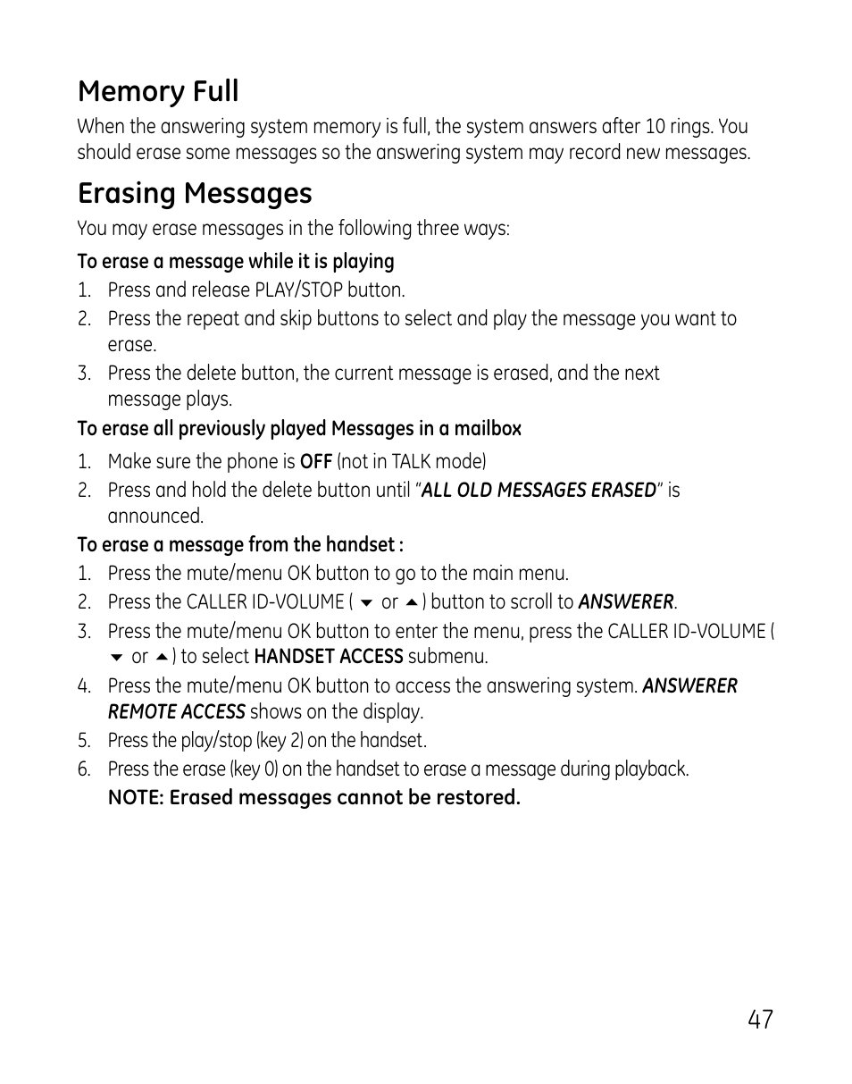 Erasing messages | GE 0007 User Manual | Page 47 / 68