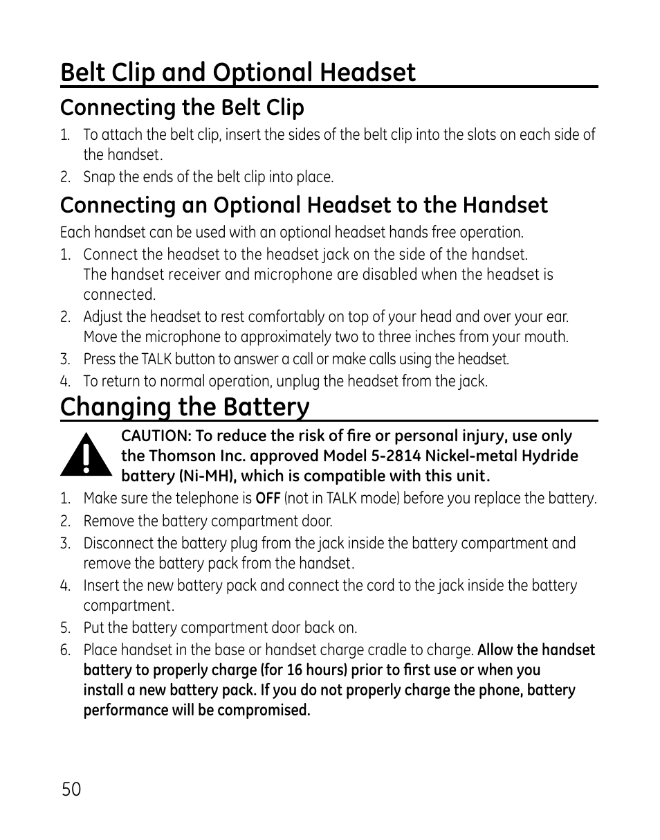 Belt clip and optional headset, Changing the battery, Connecting the belt clip | Connecting an optional headset to the handset | GE 0007 User Manual | Page 50 / 68