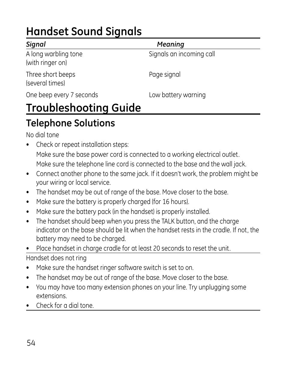 Handset sound signals, Troubleshooting guide, Telephone solutions | GE 0007 User Manual | Page 54 / 68