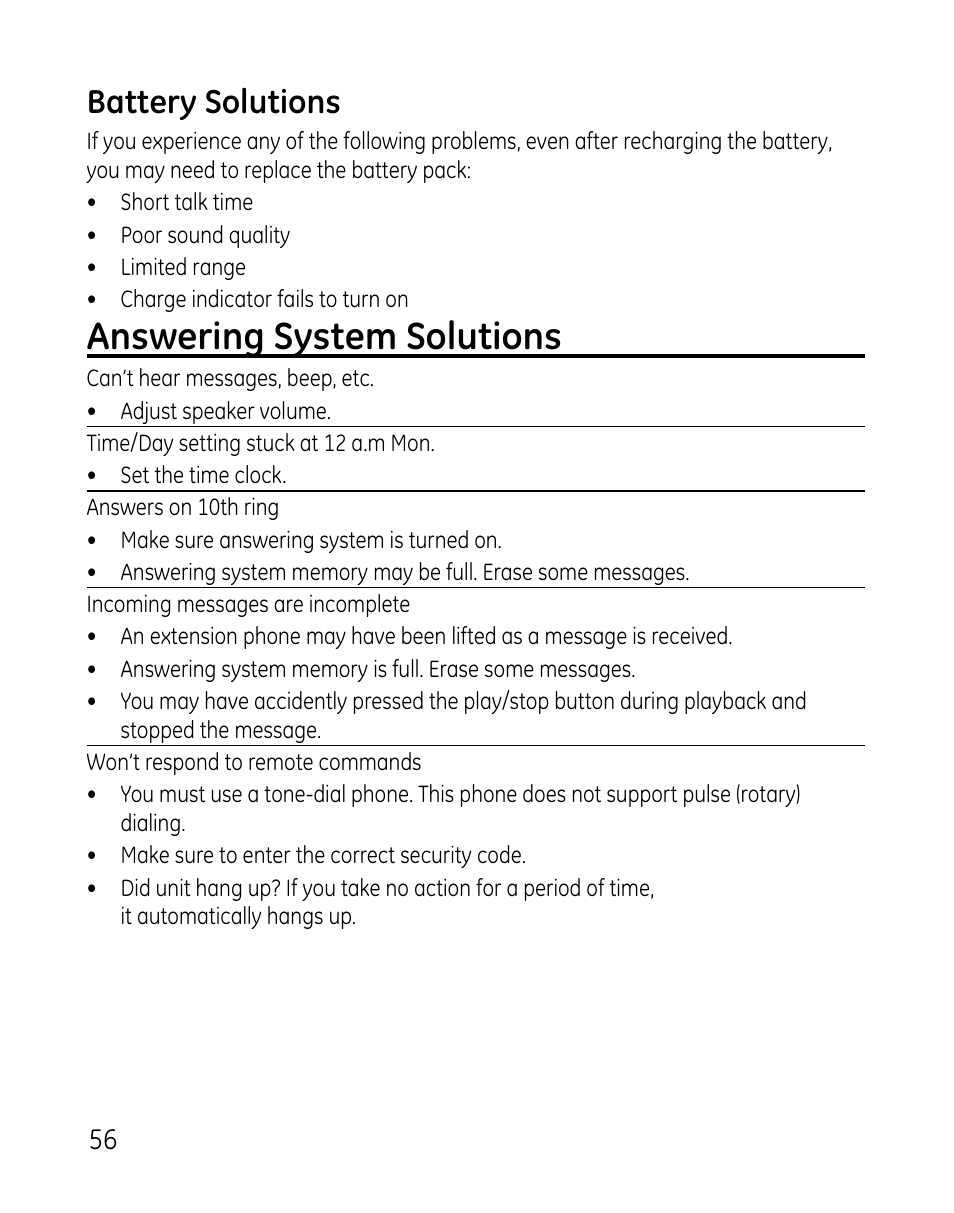 Answering system solutions, Battery solutions | GE 0007 User Manual | Page 56 / 68