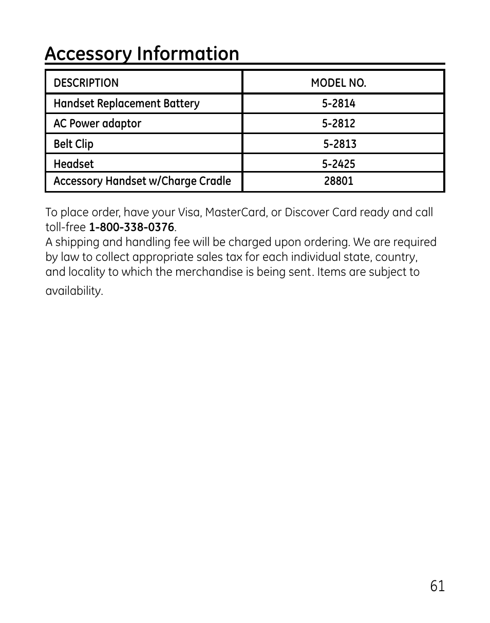 Accessory information | GE 0007 User Manual | Page 61 / 68