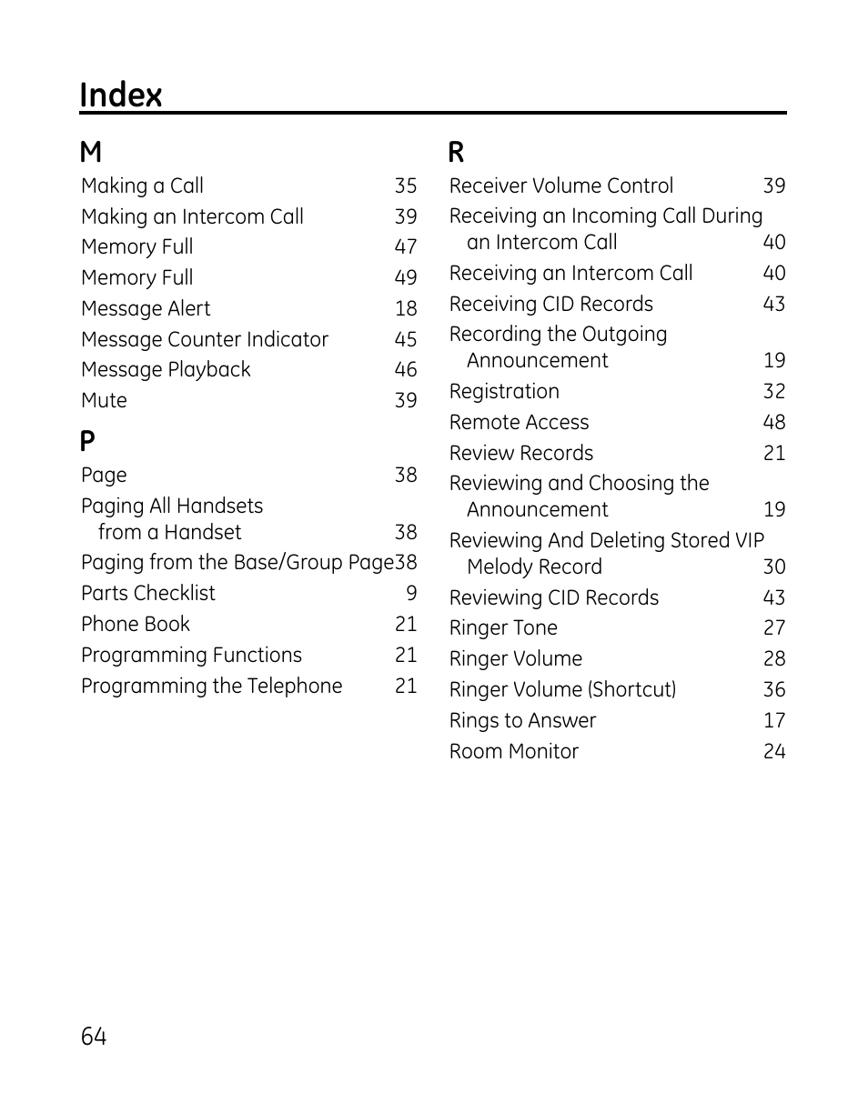 Index | GE 0007 User Manual | Page 64 / 68