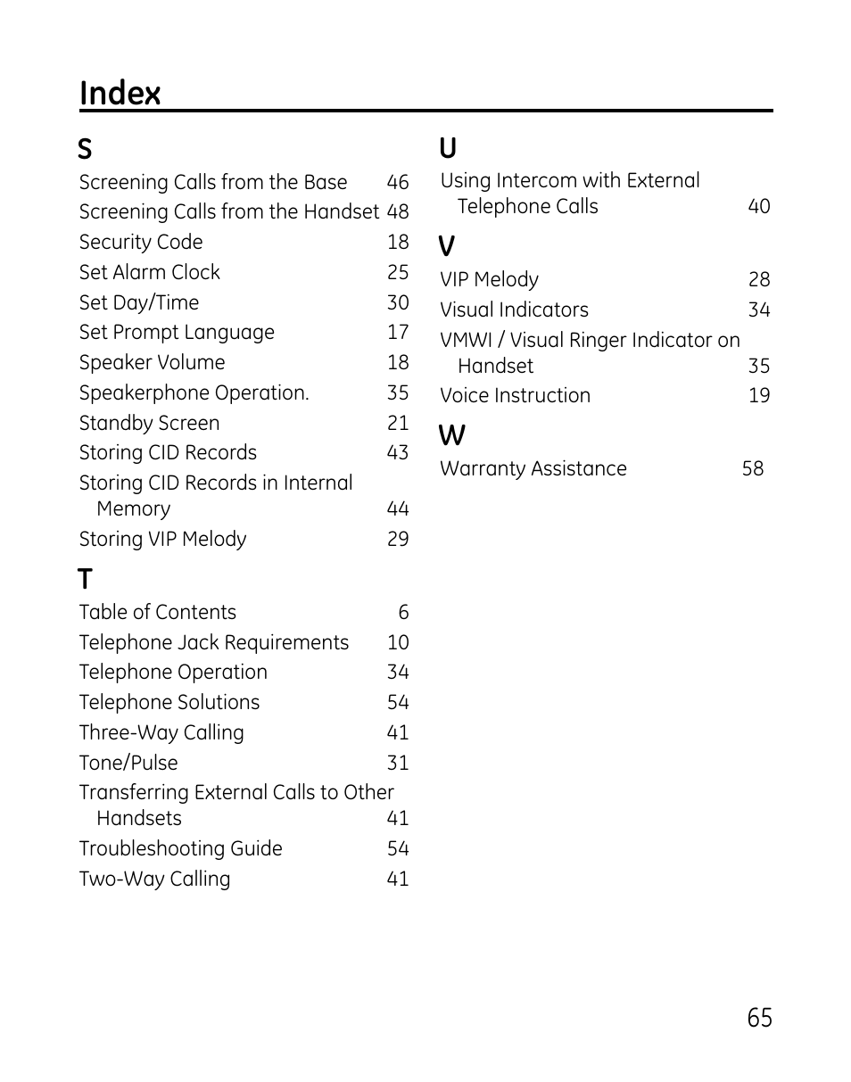 Index | GE 0007 User Manual | Page 65 / 68