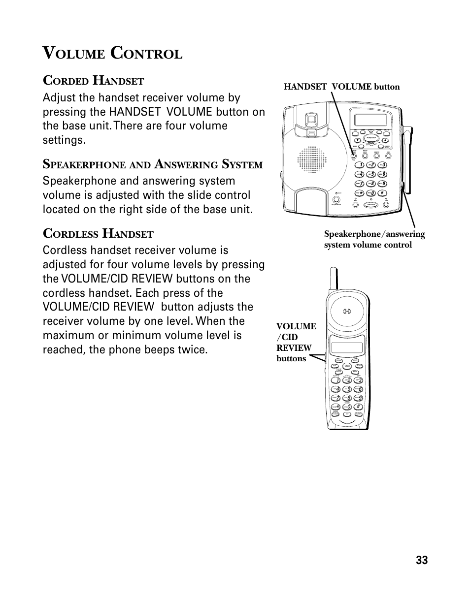 Olume, Ontrol, Orded | Andset, Peakerphone, Nswering, Ystem, Ordless, Handset volume button | GE 26958 User Manual | Page 33 / 176