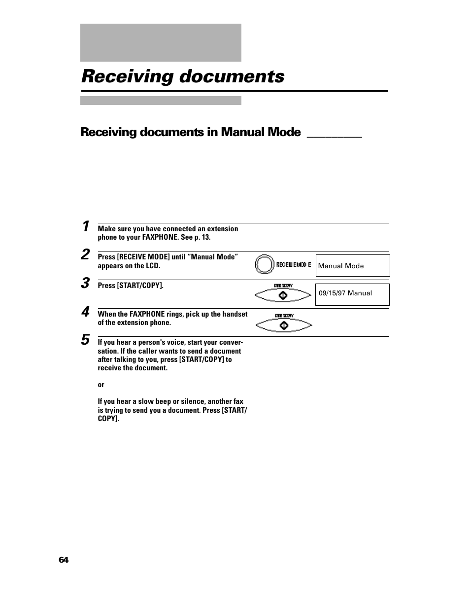 Receiving documents, Receiving documents in manual mode | GE B640 User Manual | Page 73 / 121