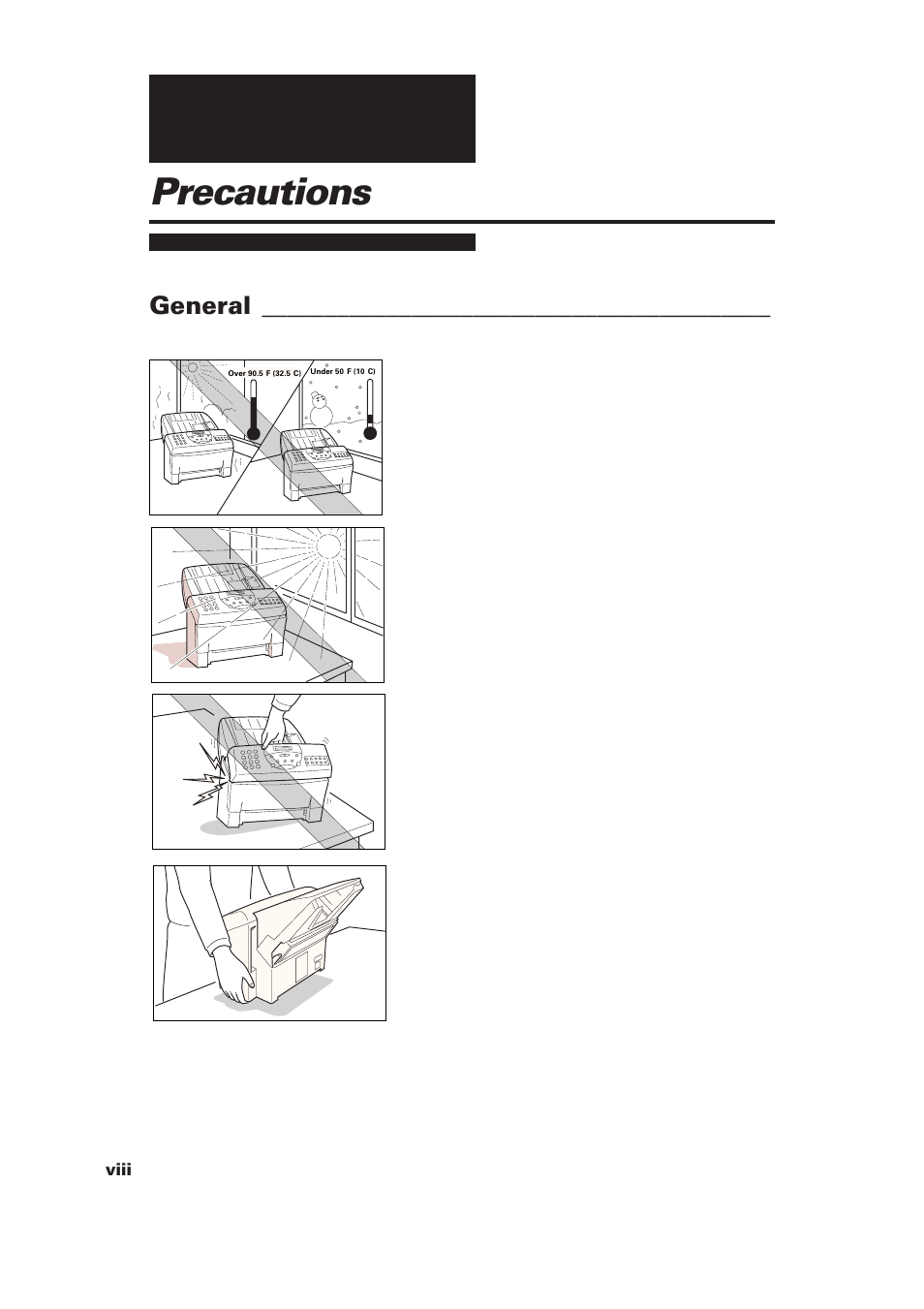 Precautions, General, Viii | GE B640 User Manual | Page 8 / 121