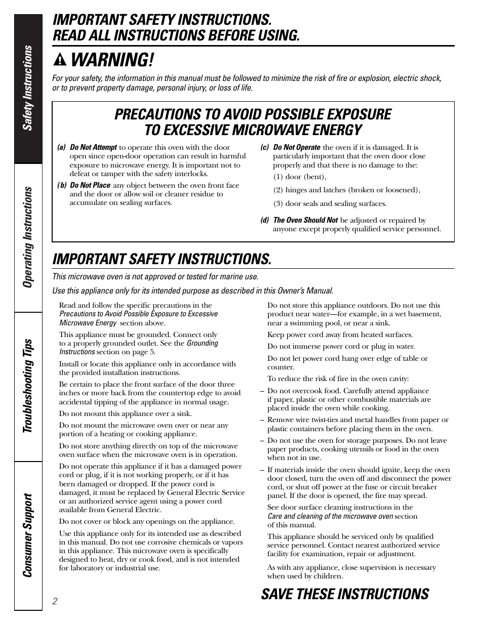 Safety instructions, Warning, Important safety instructions | Save these instructions | GE JE1140 User Manual | Page 2 / 24