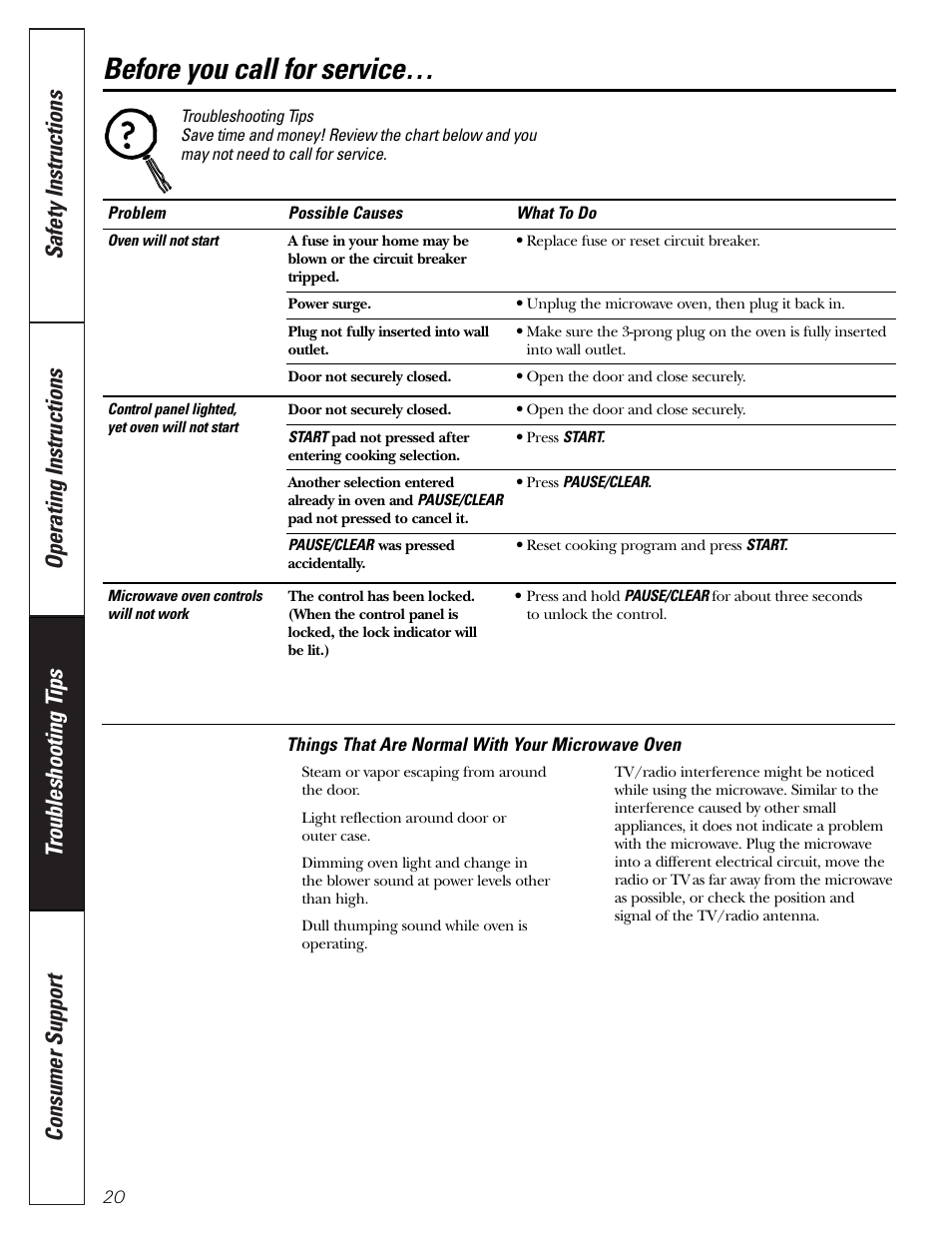 Troubleshooting tips, Things that are normal, Before you call for service | GE JE1140 User Manual | Page 20 / 24