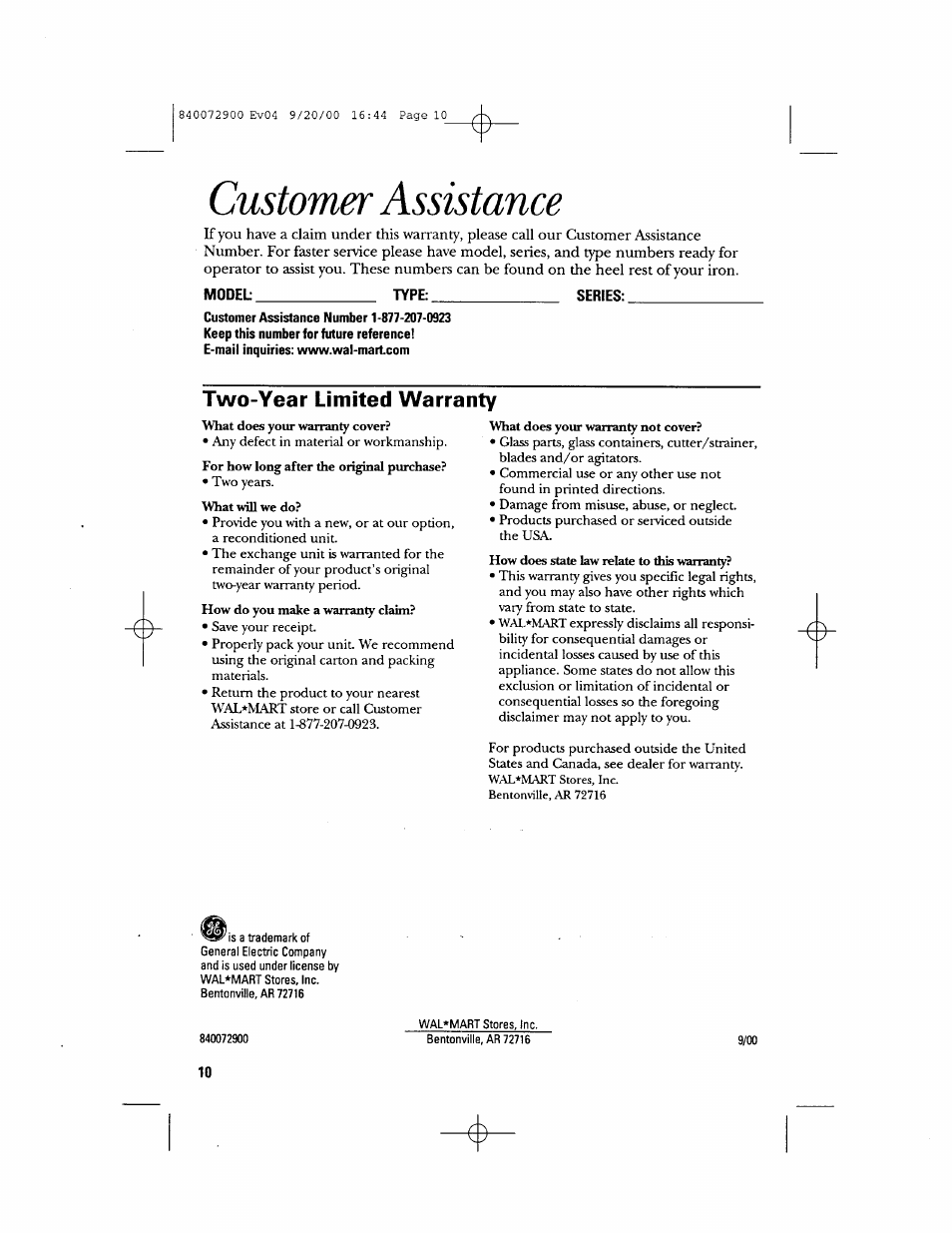 Model, Type, Series | Two-year limited warranty, Customer assistance | GE 840072900 User Manual | Page 10 / 20