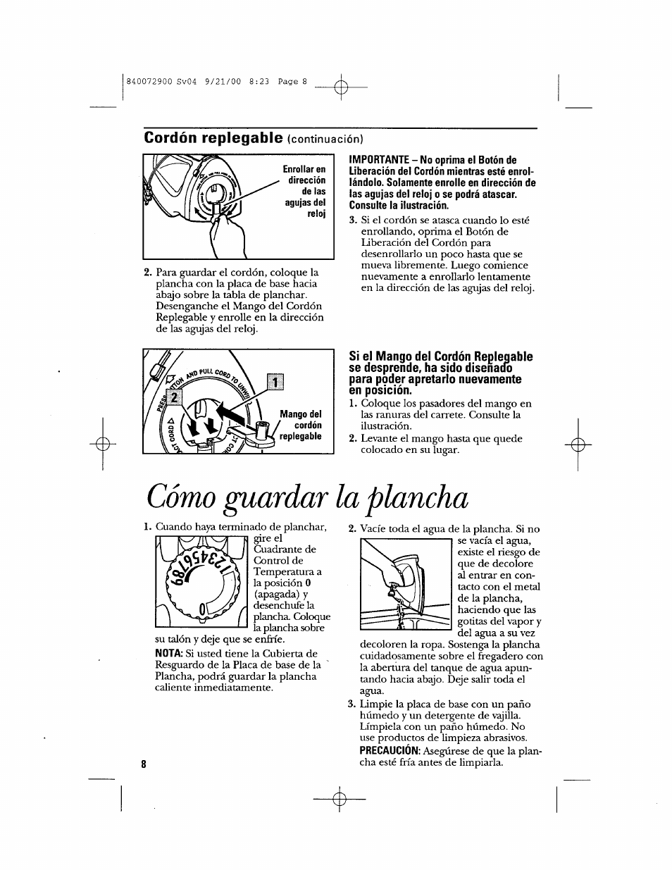 Cómo guardar la plancha, Cordón replegable | GE 840072900 User Manual | Page 18 / 20