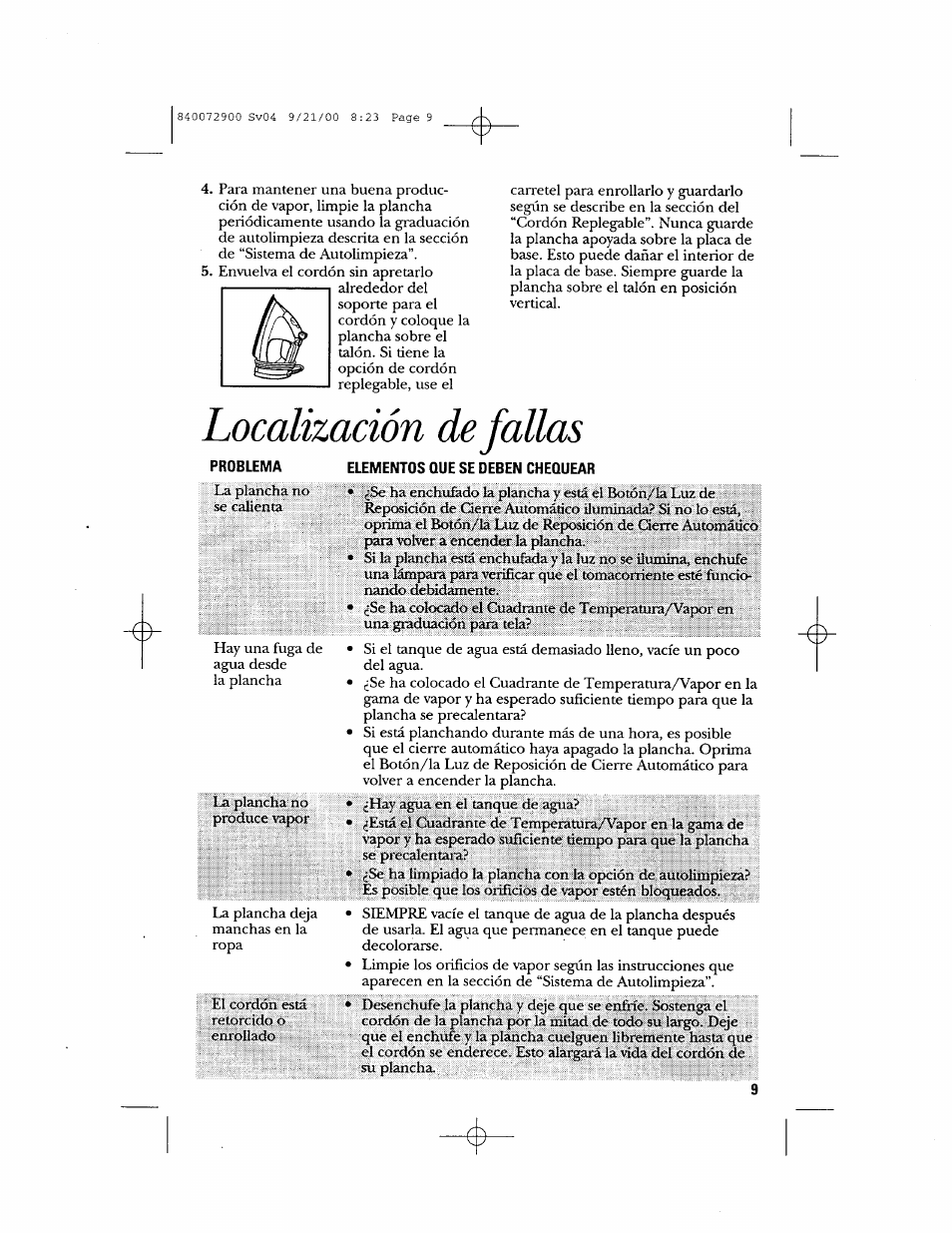 Problema, Elementos que se deben chequear, Localización de fallas | GE 840072900 User Manual | Page 19 / 20