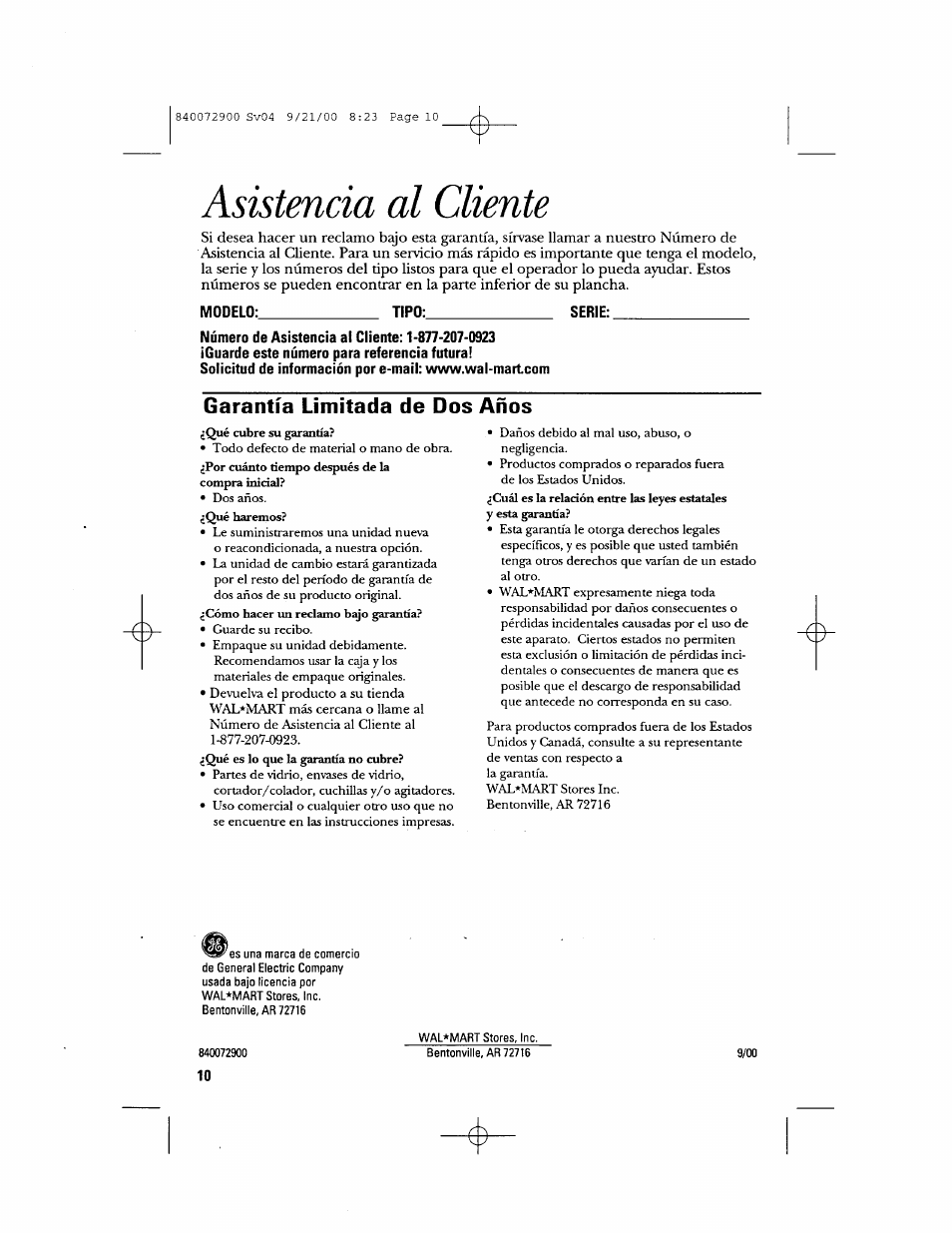 Modelo, Tipo, Serie | Garantía limitada de dos años, Asistencia al cliente | GE 840072900 User Manual | Page 20 / 20