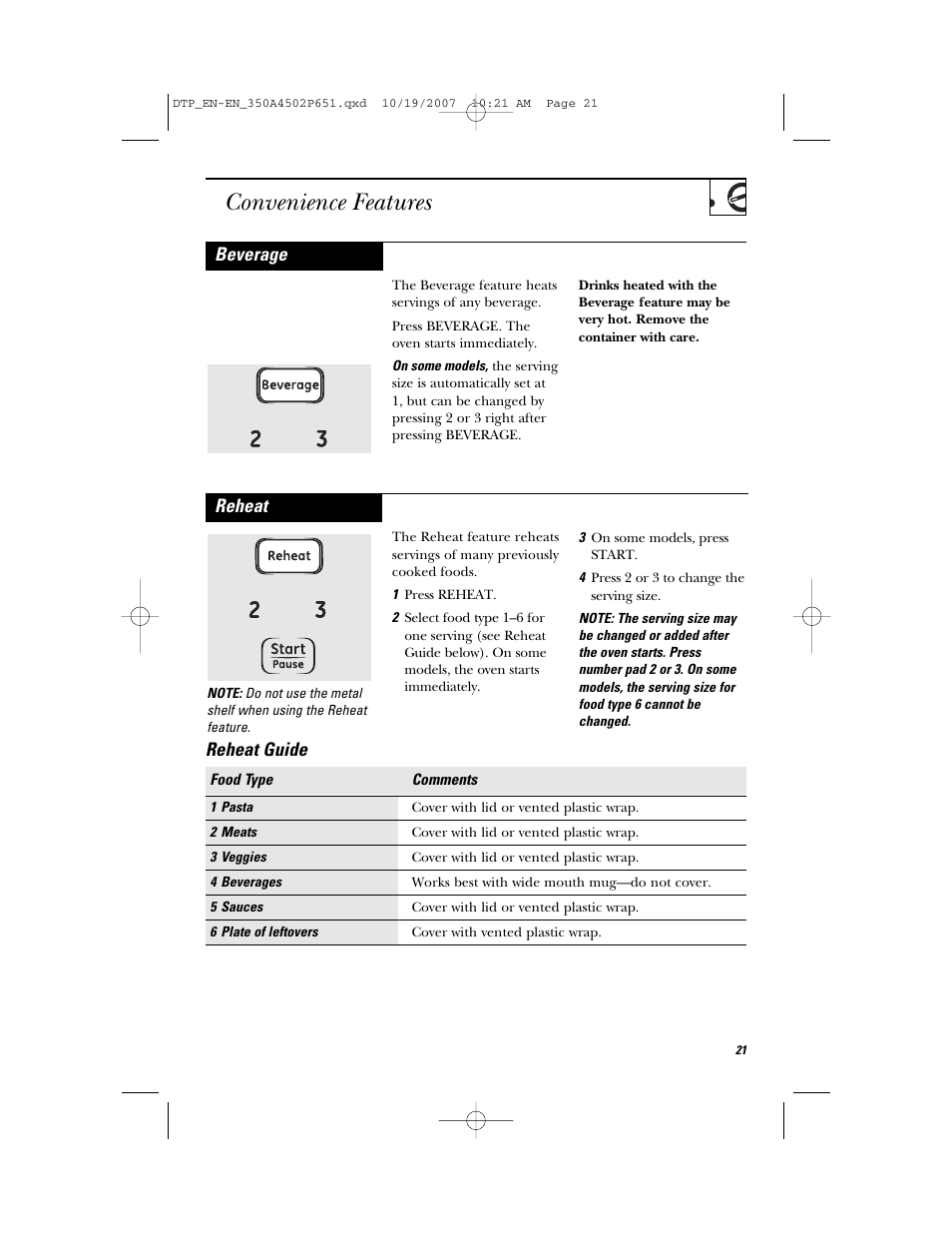 Convenience features, Reheat, Reheat guide | Beverage | GE Spacemaker Microwave Oven JVM1540 User Manual | Page 21 / 43