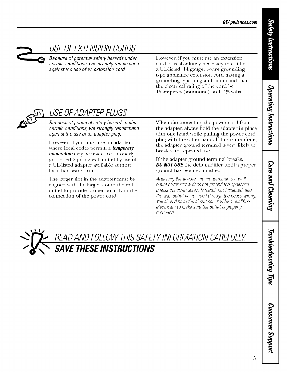 Use of extension cords, Use of adapter plugs, Read and follow this safety information carefully | Save these instructions | GE AHG50LH User Manual | Page 3 / 12