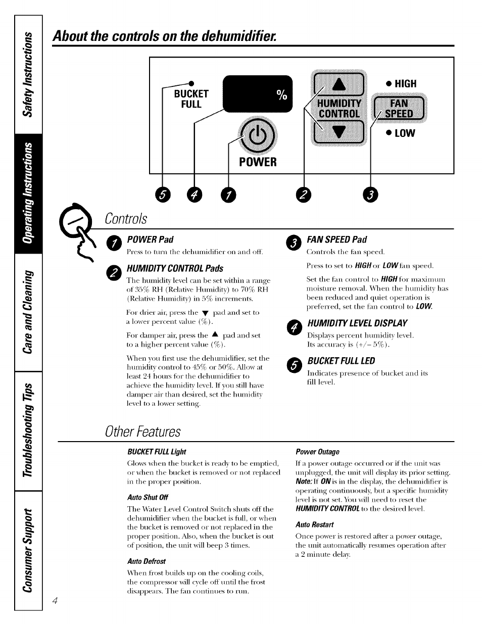 About the controls on the dehumidifier, Other features, Controls | GE AHG50LH User Manual | Page 4 / 12