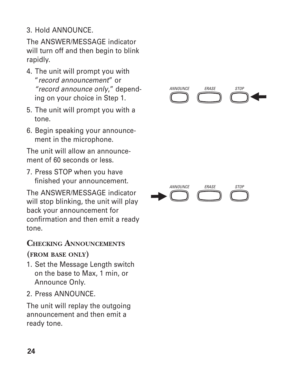 Checking announcements (from base only) | GE 2-9950 User Manual | Page 24 / 38