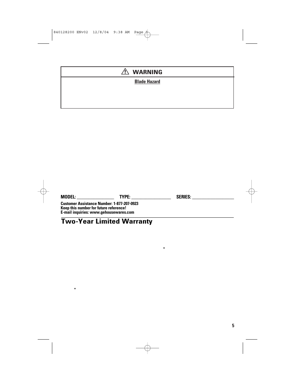 How to disassemble and clean, Customer assistance, Two-year limited warranty | GE 840128200 User Manual | Page 5 / 5