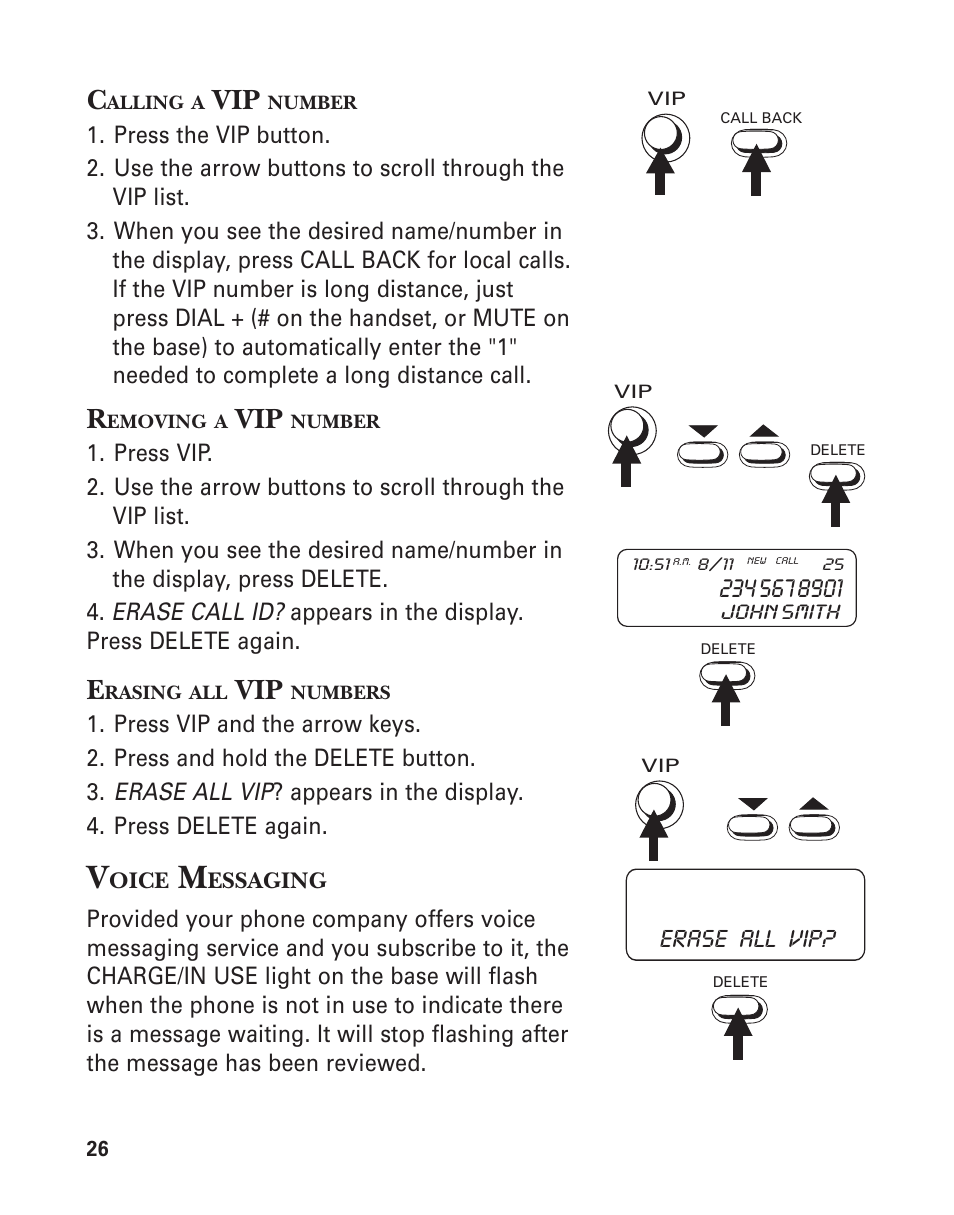 Removing a vip number, Erasing all vip numbers | GE 15362520 User Manual | Page 26 / 38