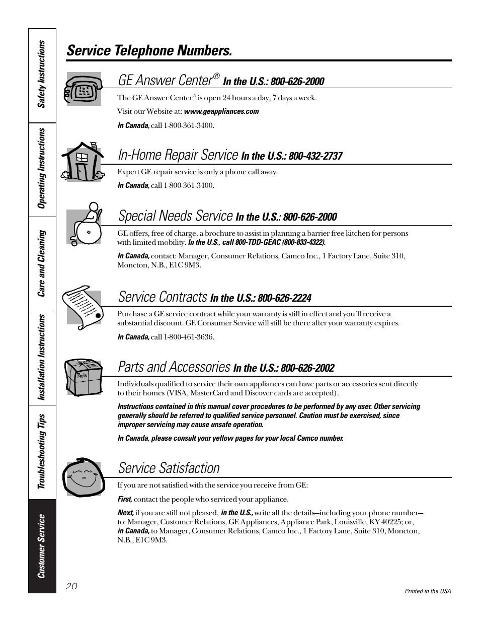 Service telephone numbers, Service telephone numbers , back cover, Service telephone numbers. ge answer center | In-home repair service, Special needs service, Service contracts, Parts and accessories, Service satisfaction | GE JTD910SBSS User Manual | Page 20 / 20