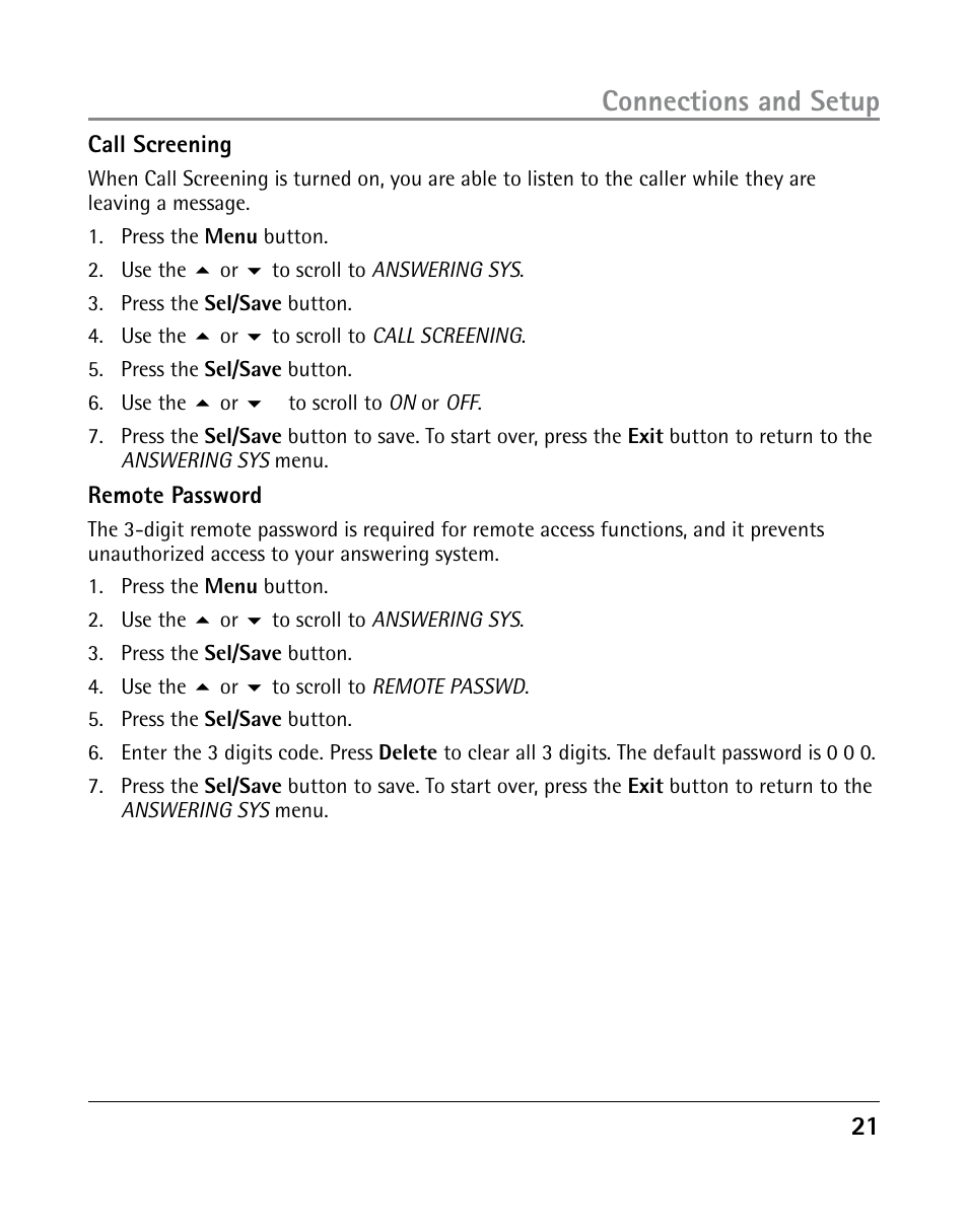 Connections and setup | GE 25205 User Manual | Page 21 / 96